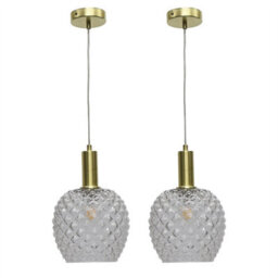 First Choice Lighting Set Of 2 Baine - Clear Textured Glass Satin Brass Deco Pendants - thumbnail 1
