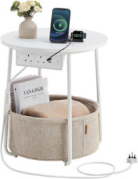 Songmics Power Station Side Table, Circular End Table With Outlets, Usb Charging, Fabric Storage, Matte White And Camel Brown - thumbnail 7