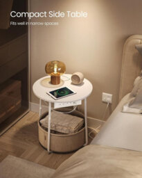Songmics Power Station Side Table, Circular End Table With Outlets, Usb Charging, Fabric Storage, Matte White And Camel Brown - thumbnail 3