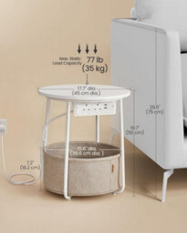 Songmics Power Station Side Table, Circular End Table With Outlets, Usb Charging, Fabric Storage, Matte White And Camel Brown - thumbnail 2