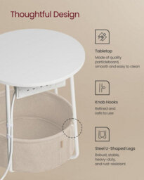 Songmics Power Station Side Table, Circular End Table With Outlets, Usb Charging, Fabric Storage, Matte White And Camel Brown - thumbnail 5