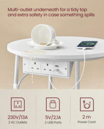 Songmics Power Station Side Table, Circular End Table With Outlets, Usb Charging, Fabric Storage, Matte White And Camel Brown - thumbnail 4