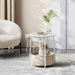 Power Station Side Table, Circular End Table With Outlets, Usb Charging, Fabric Storage, Matte White And Camel Brown