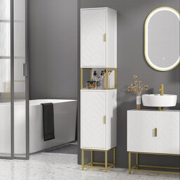 Wyld Haus Kacoel Tall Narrow Bathroom Cabinet - White With Gold-Tone Base, Adjustable Shelves, Double Doors (L30 X D30 X H170.7Cm) - thumbnail 2