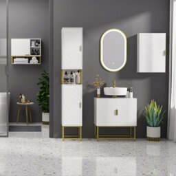 Wyld Haus Kacoel Tall Narrow Bathroom Cabinet - White With Gold-Tone Base, Adjustable Shelves, Double Doors (L30 X D30 X H170.7Cm) - thumbnail 4