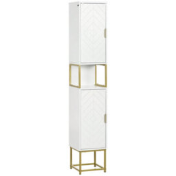 Wyld Haus Kacoel Tall Narrow Bathroom Cabinet - White With Gold-Tone Base, Adjustable Shelves, Double Doors (L30 X D30 X H170.7Cm)