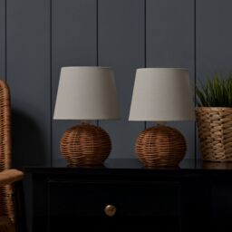 Inlight Peiros Round Matt Natural Rattan Effect Table Lamp, Pair - thumbnail 2