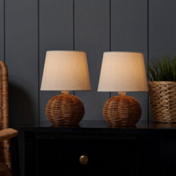 Inlight Peiros Round Matt Natural Rattan Effect Table Lamp, Pair - thumbnail 1