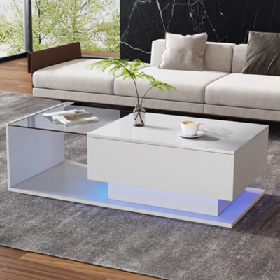 Btm Led Coffee Table, Modern High Gloss Center Table With Glass & Drawer For Living Room, White - image 1