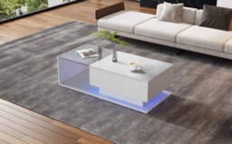 Btm Led Coffee Table, Modern High Gloss Center Table With Glass & Drawer For Living Room, White - thumbnail 5