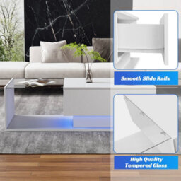Btm Led Coffee Table, Modern High Gloss Center Table With Glass & Drawer For Living Room, White - thumbnail 2