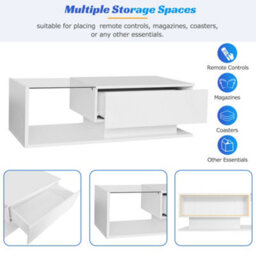 Btm Led Coffee Table, Modern High Gloss Center Table With Glass & Drawer For Living Room, White - thumbnail 3