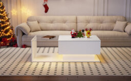 Btm Led Coffee Table, Modern High Gloss Center Table With Glass & Drawer For Living Room, White - thumbnail 8