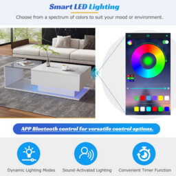 Btm Led Coffee Table, Modern High Gloss Center Table With Glass & Drawer For Living Room, White - thumbnail 6