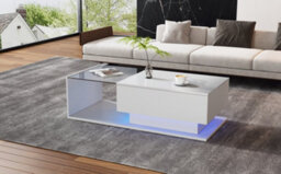Btm Led Coffee Table, Modern High Gloss Center Table With Glass & Drawer For Living Room, White - thumbnail 7