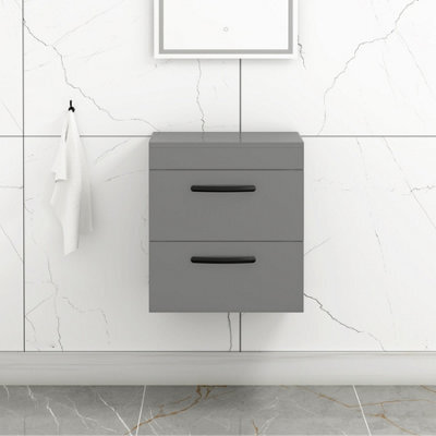 Royal Bathrooms 500mm Wall Hung Vanity Unit 2 Drawer Indigo Grey Gloss - Storage Cabinetwith Matt Black Handle - image 1