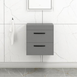 Royal Bathrooms 500mm Wall Hung Vanity Unit 2 Drawer Indigo Grey Gloss - Storage Cabinetwith Matt Black Handle - thumbnail 1