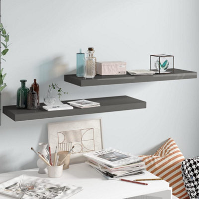 Berkfield Floating Wall Shelves 2 Pcs High Gloss Grey 80X23.5X3.8 Cm Mdf - image 1