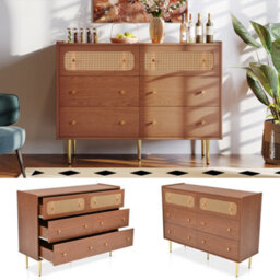 HomeTouch Wood Effect Bedroom Chest Of Drawers Sideboard Cabinet, Console Table With Rattan Drawers (6 Drawers) - thumbnail 1