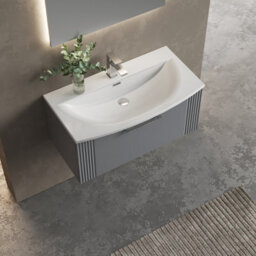 Balterley Belvide Partial Fluted 1 Drawer Wall Hung Vanity Unit With 1 Tap Hole Curved Basin- 800mm - Satin Grey - thumbnail 5
