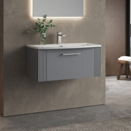 Balterley Belvide Partial Fluted 1 Drawer Wall Hung Vanity Unit With 1 Tap Hole Curved Basin- 800mm - Satin Grey - thumbnail 6