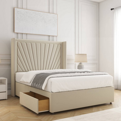Bsspoke Alina Divan Bed Cream Plush Velvet 54Inch Wingedback Panel Headboard 2 Drawers Footend & Mattress In All Sizes - image 1