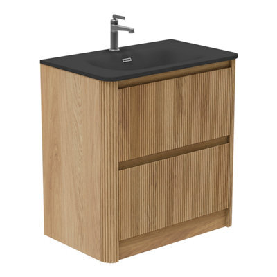 Plum&clay Isla Ribbed Fluted Oak Wood 2 Drawer Freestanding Bathroom Vanity Unit & Black Basin Set (W)800mm - image 1