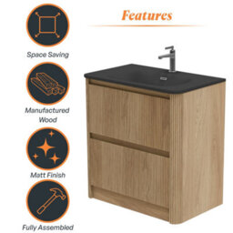 Plum&clay Isla Ribbed Fluted Oak Wood 2 Drawer Freestanding Bathroom Vanity Unit & Black Basin Set (W)800mm - thumbnail 6