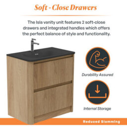 Plum&clay Isla Ribbed Fluted Oak Wood 2 Drawer Freestanding Bathroom Vanity Unit & Black Basin Set (W)800mm - thumbnail 4