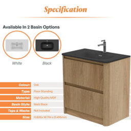 Plum&clay Isla Ribbed Fluted Oak Wood 2 Drawer Freestanding Bathroom Vanity Unit & Black Basin Set (W)800mm - thumbnail 5