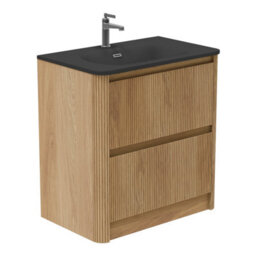 Plum&clay Isla Ribbed Fluted Oak Wood 2 Drawer Freestanding Bathroom Vanity Unit & Black Basin Set (W)800mm - thumbnail 1