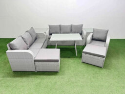 Fimous 8 Pieces Outdoor Pe Rattan Garden Furniture With Cushions Reclining Chair 2 Side Tables 2 Big Stools Light Grey - thumbnail 2
