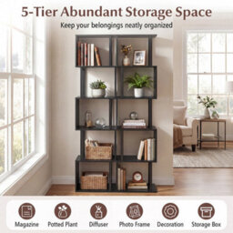 5-Tier Modern Bookshelf Tall S-Shaped Geometric Bookcase - thumbnail 6