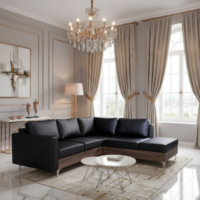 Orlando Wood Corner Sofa For Living Room With Metal Legs Wooden Frame And Cushions 2355X212X85 Cm Black And Monastery Right - image 1
