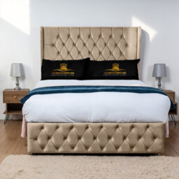 UKBEDFURNITURE Luxor Beige Plush Wingback Divan Bed Base With 54 Inch Headboard - No Storage - thumbnail 1