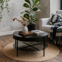 Wyld Haus Tampere Round Black Coffee Table With Grey Glass Lift Top, 75 Cm
