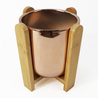 Leaf 16Cm Gold Ceramic Planter With Bamboo Stand - image 1