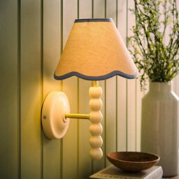Valuelights Bobbin Cream Bobble Wall Light And Blue Trim Linen Lamp Shade And Bulb - thumbnail 2