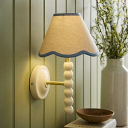 Valuelights Bobbin Cream Bobble Wall Light And Blue Trim Linen Lamp Shade And Bulb