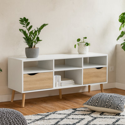 Wyld Haus Sapporo Wide Tv Unit In White And Natural Oak 2 Drawers 4 Shelves - image 1