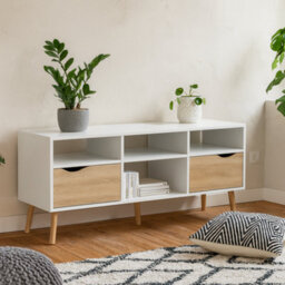 Wyld Haus Sapporo Wide Tv Unit In White And Natural Oak 2 Drawers 4 Shelves - thumbnail 1