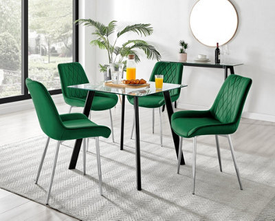 Furniturebox Seattle Scandi Inspired Glass And Black Metal Leg Square Dining Table & 4 Green Pesaro Velvet Silver Leg Chairs - image 1