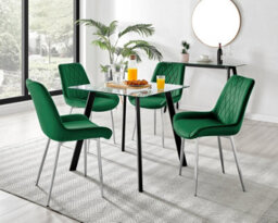 Furniturebox Seattle Scandi Inspired Glass And Black Metal Leg Square Dining Table & 4 Green Pesaro Velvet Silver Leg Chairs