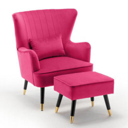 Velvet Dark Pink Camila Accent Wingback Chair With Footstool - thumbnail 2