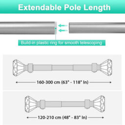 Ameha Plain Sapphire Crystal Metal Curtain Pole 160-300 Cm, (63 Inch-118 Inch) Chrome Extendable Adjustable Curtain Poles - thumbnail 4