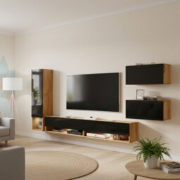Amadeo Modern Wotan Wall Unit Tv Cabinet And Hanging Storage With Black High Gloss Fronts