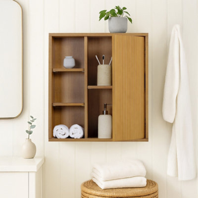 Teamson Home Tremolo Fluted Bathroom Wall Cabinet With Open Shelves, Natural - image 1