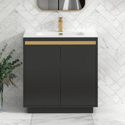 Royal Bathrooms Orion 800mm Matt Obsidian Black 2 Door Floor Standing Vanity Unit With Ceramic Basin & Brushed Brass Strip - image 1