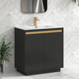 Royal Bathrooms Orion 800mm Matt Obsidian Black 2 Door Floor Standing Vanity Unit With Ceramic Basin & Brushed Brass Strip - thumbnail 5