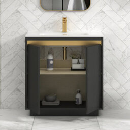 Royal Bathrooms Orion 800mm Matt Obsidian Black 2 Door Floor Standing Vanity Unit With Ceramic Basin & Brushed Brass Strip - thumbnail 4